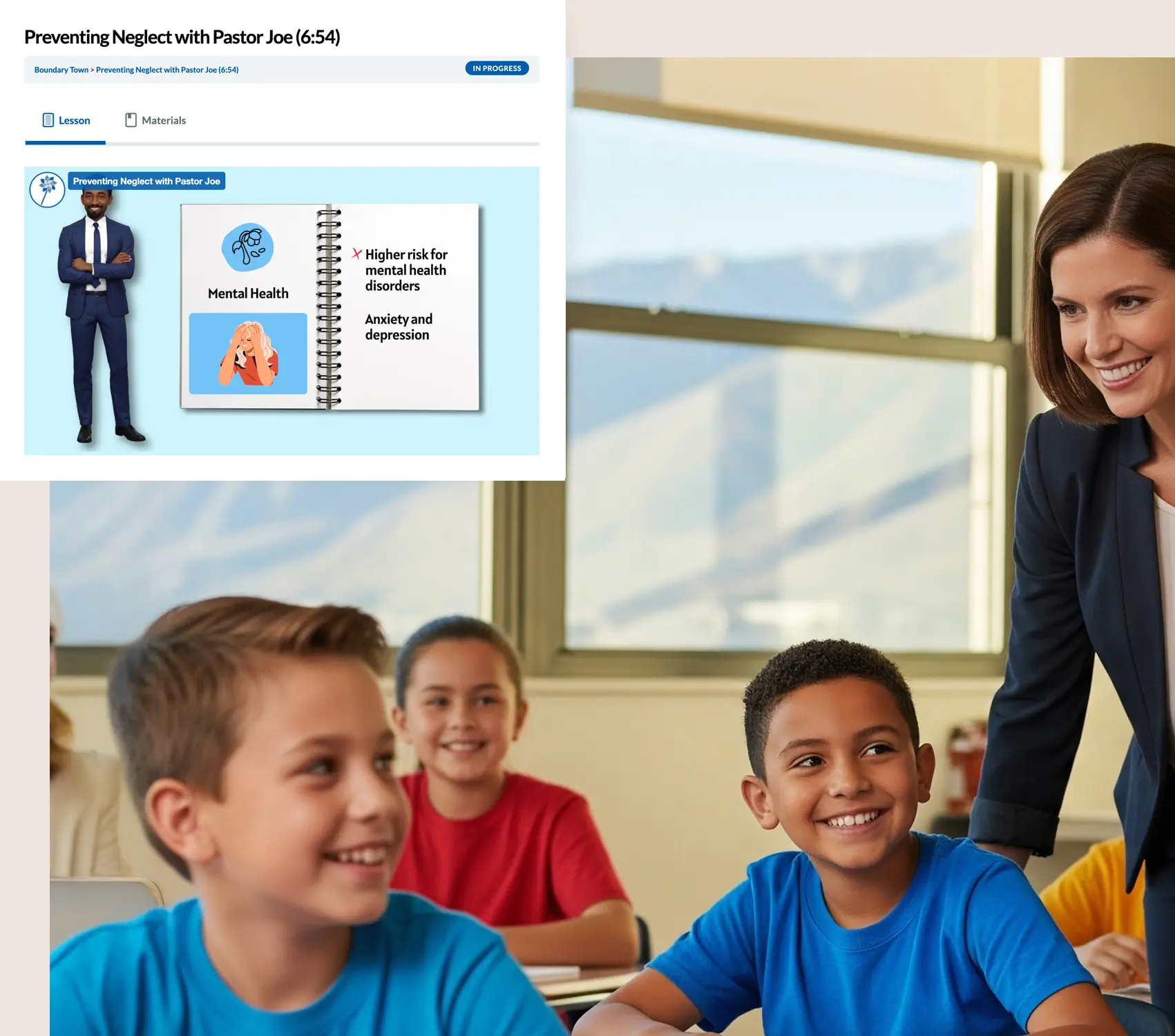 6th grade teacher in classroom with abuse prevention training screenshot overlay